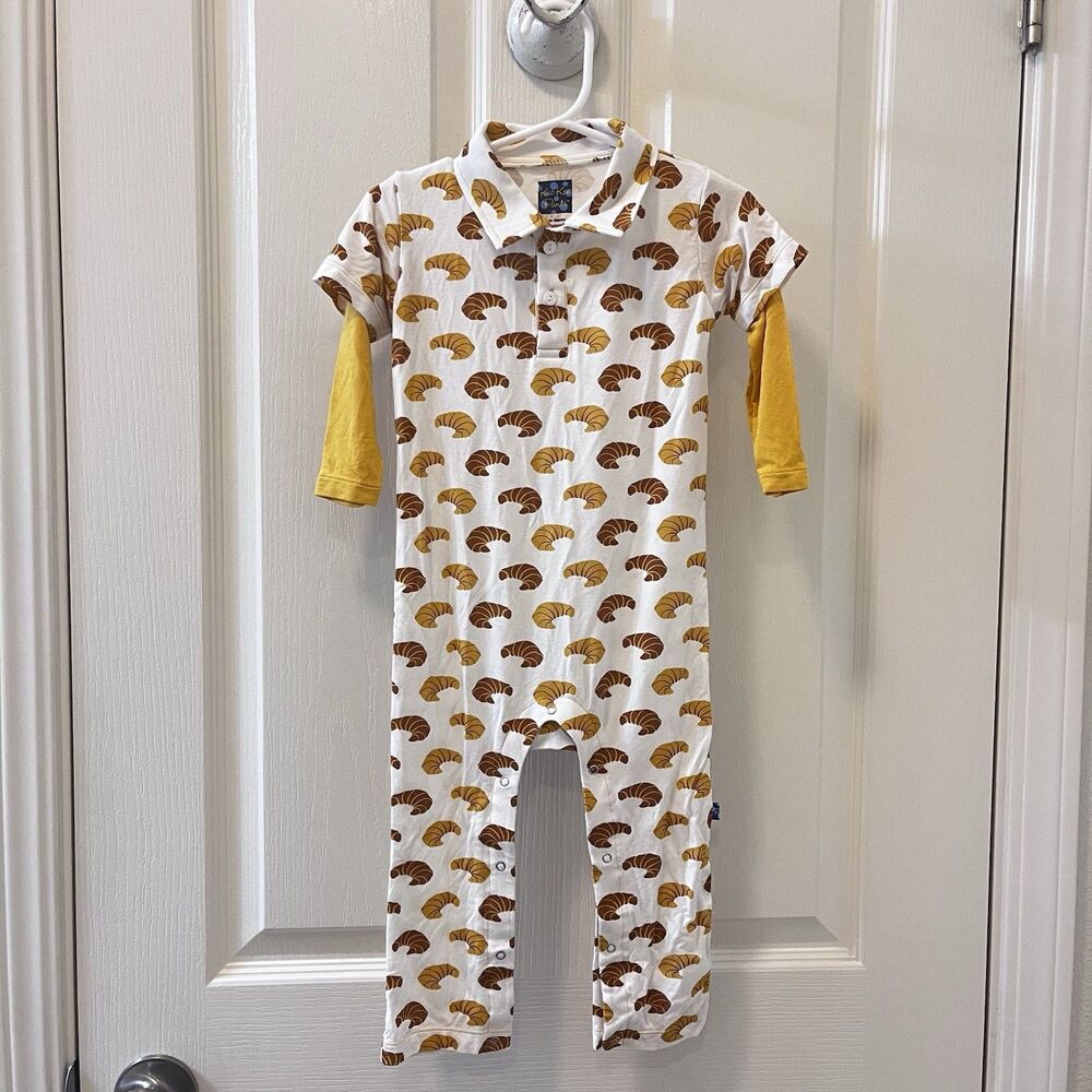 Kickee Pants Natural Croissants Polo Romper Bamboo Boys Size 18-24 Months